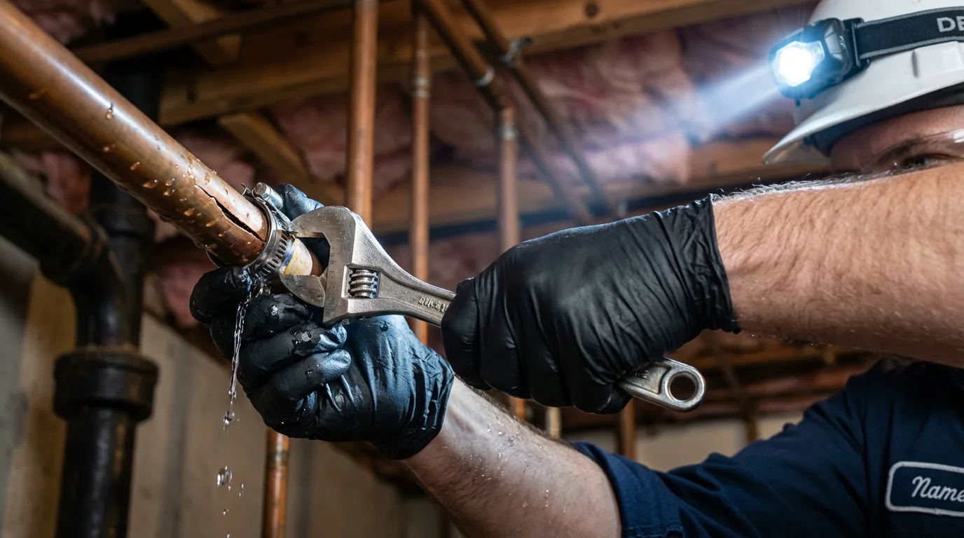 Emergency pipe clamp repair being performed by a Johns Plumbing LLC plumber in Sunray