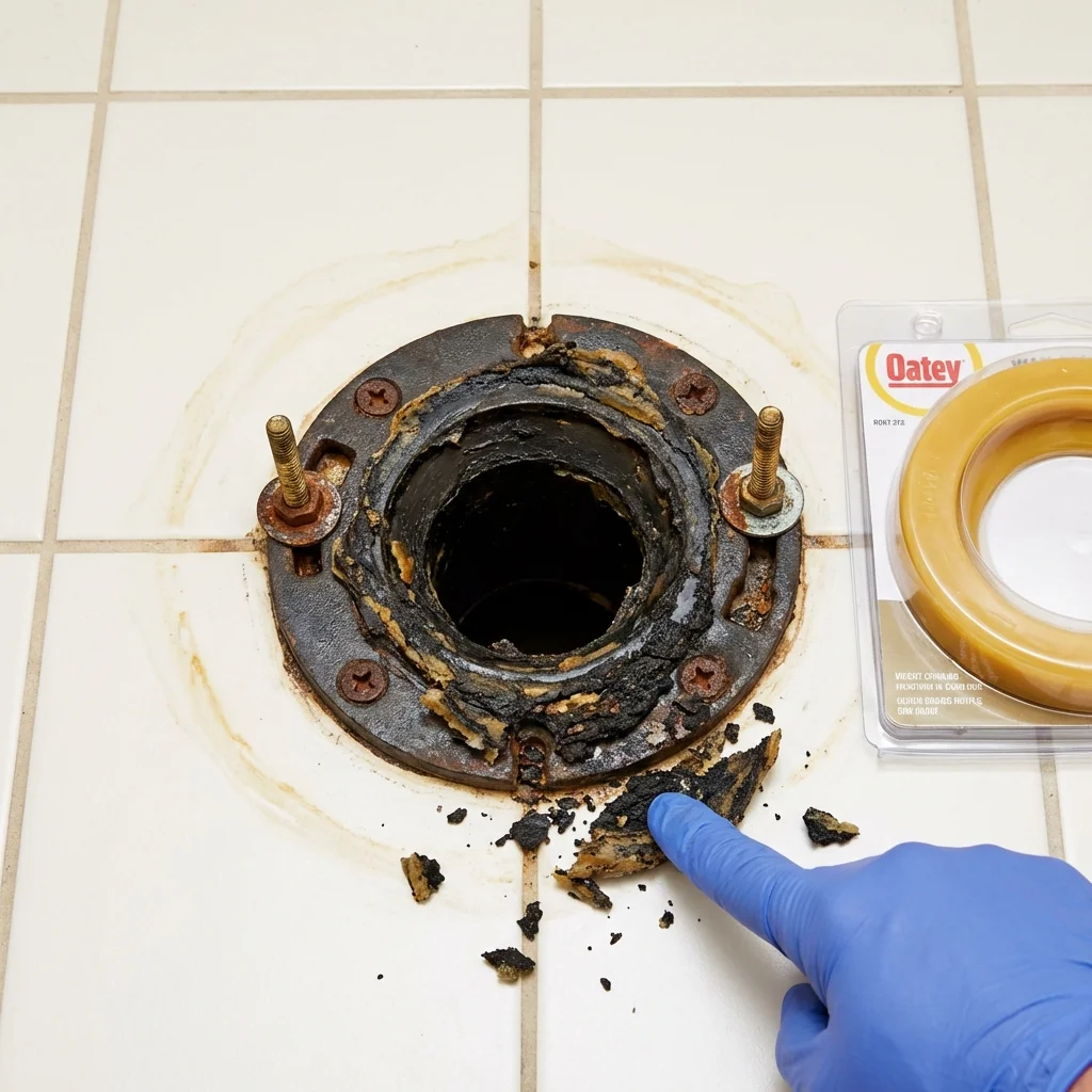 Failed wax ring showing water seepage at the base of a toilet in a Sunray, TX home