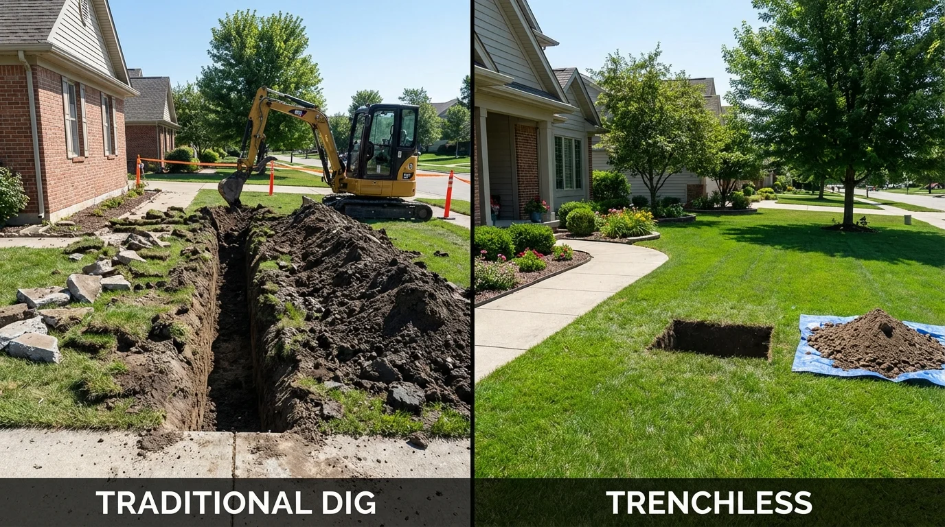 Trenchless sewer repair with minimal yard damage versus traditional excavation in Sunray, TX