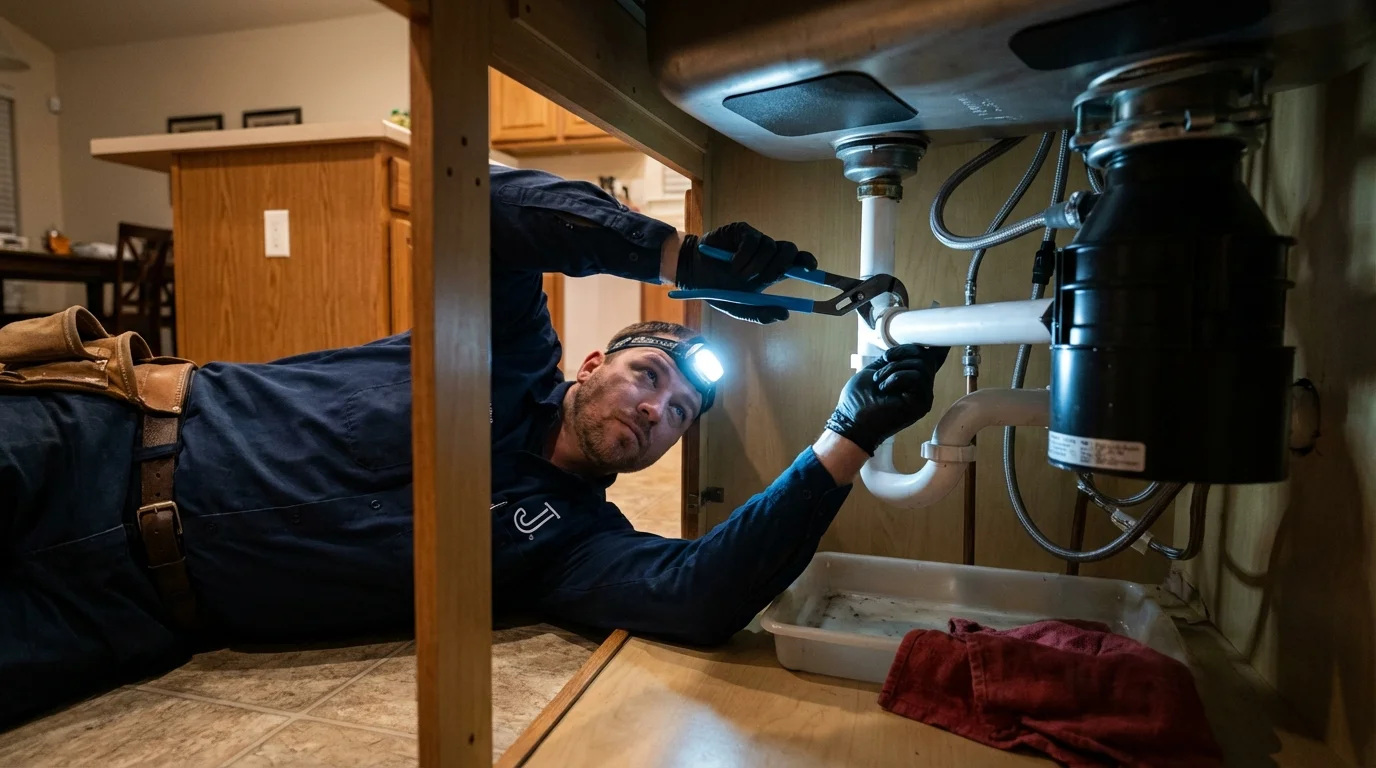 P-trap and supply line connections under a kitchen sink showing a common leak point in Sunray, TX